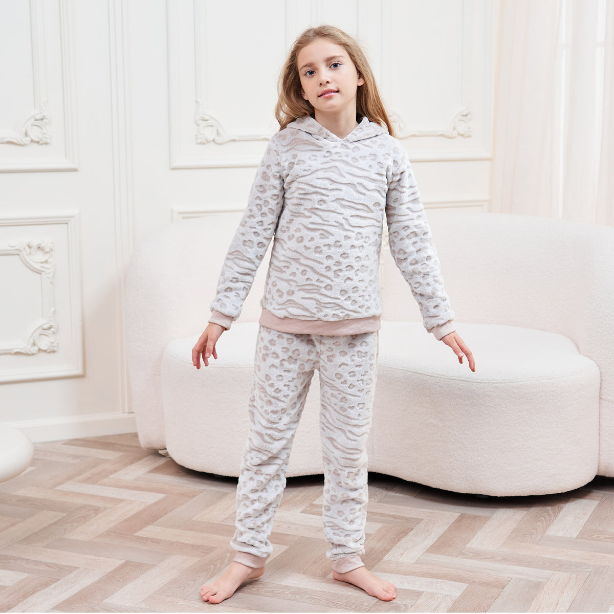 Girls Fleece Animal Print Oatmeal Pyjamas