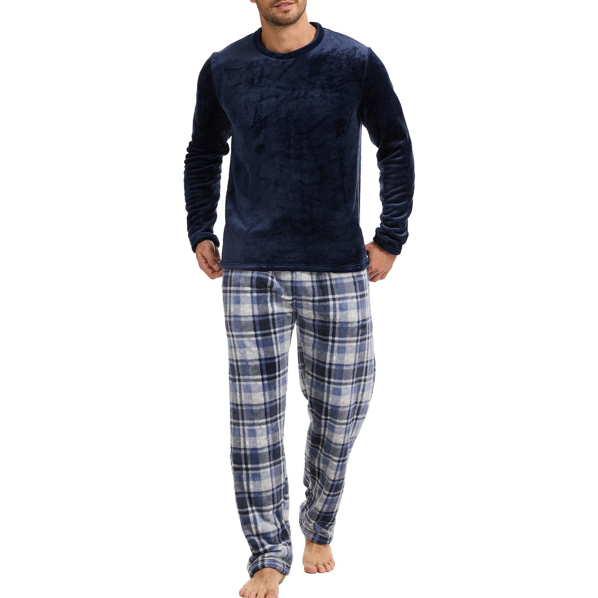 Mens Flannel Fleece Blue Checked Pyjama Set