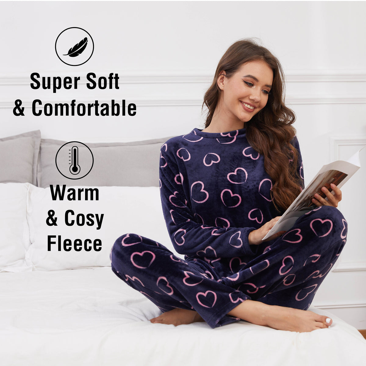 Ladies Navy Flannel Fleece Pyjama Set