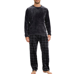 Mens Flannel Fleece Grey Check Pyjama Set