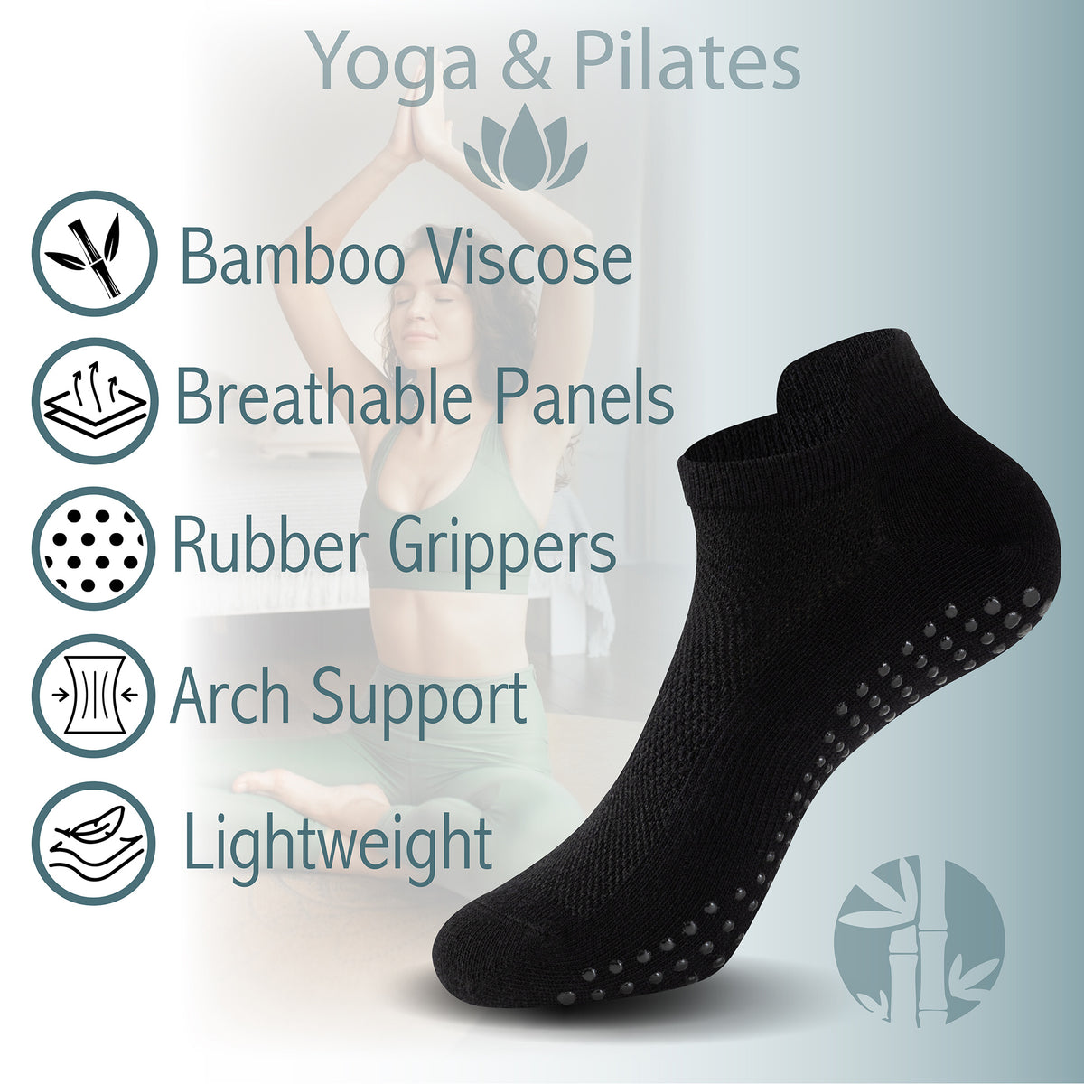 Womens 4PK Yoga & Pilates Black Trainer Socks