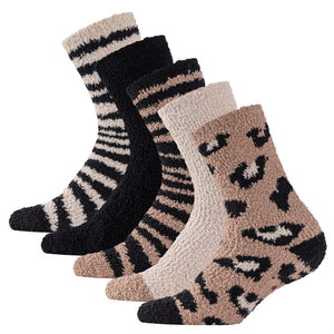 Womens 5pk Netural/Animal Cosy Socks