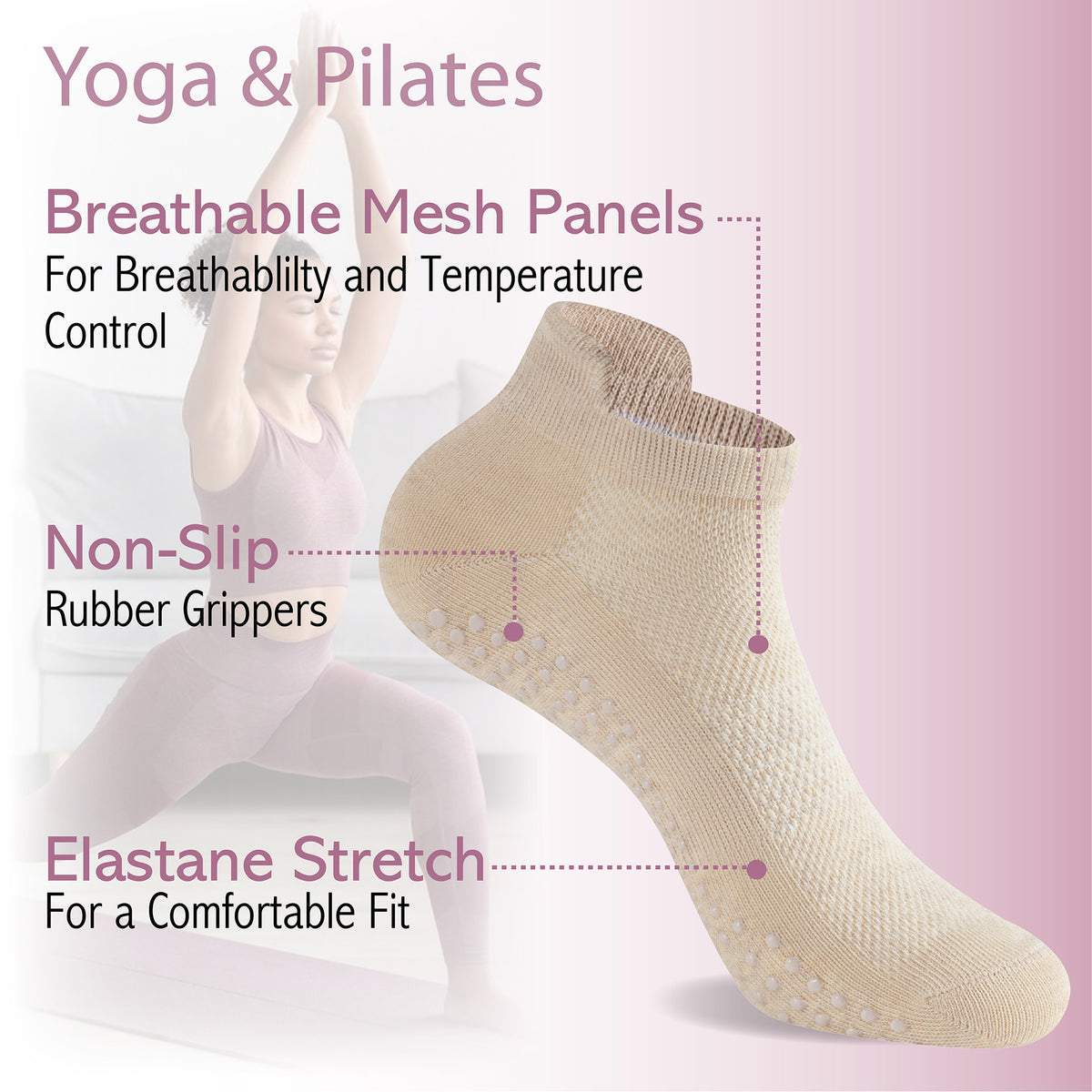 Womens 4pk Yoga & Pilates Neutral Trainer Socks