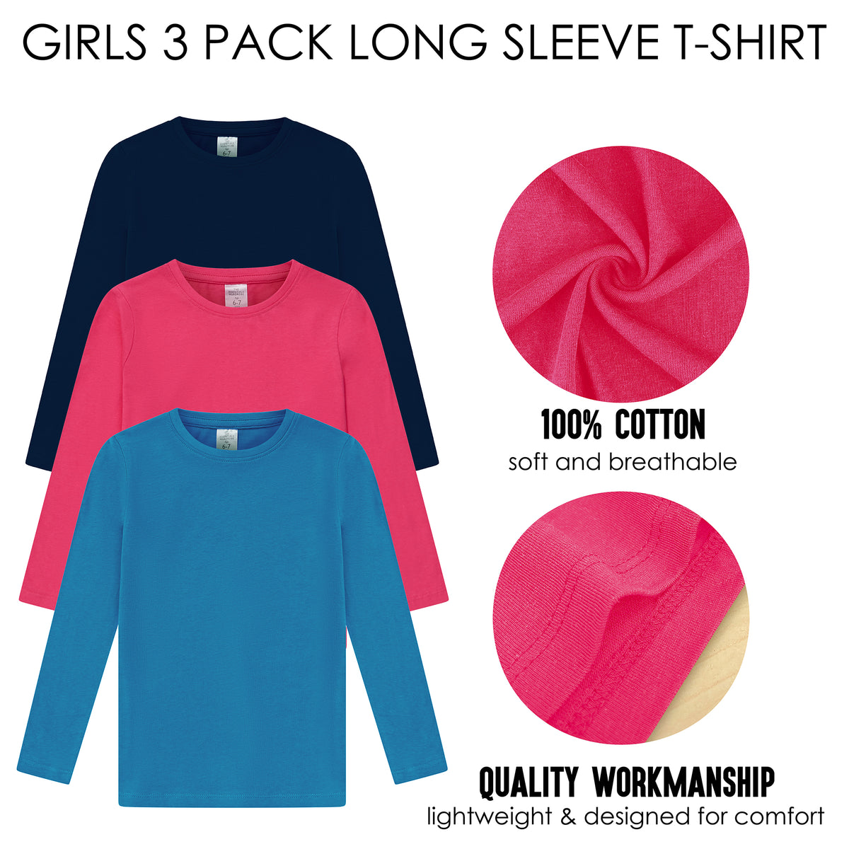 Girls 3 Pack LS T- Shirt Assorted 2 Older