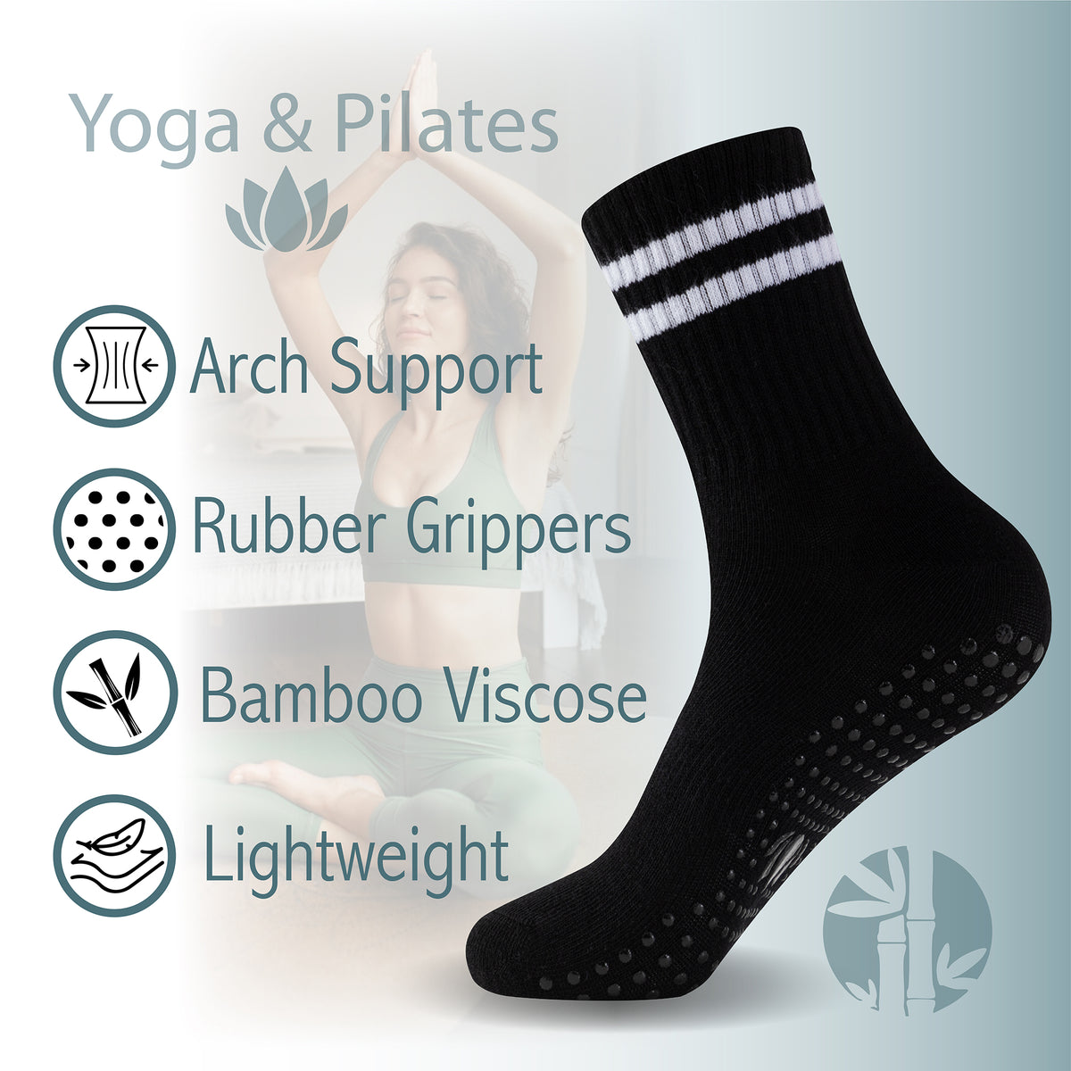 Ladies 4pk Bamboo Yoga/Pilates Black Ankle Socks