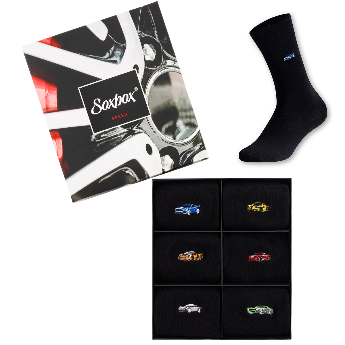 Mens 6PK Black Embroidery Socks - Soxbox