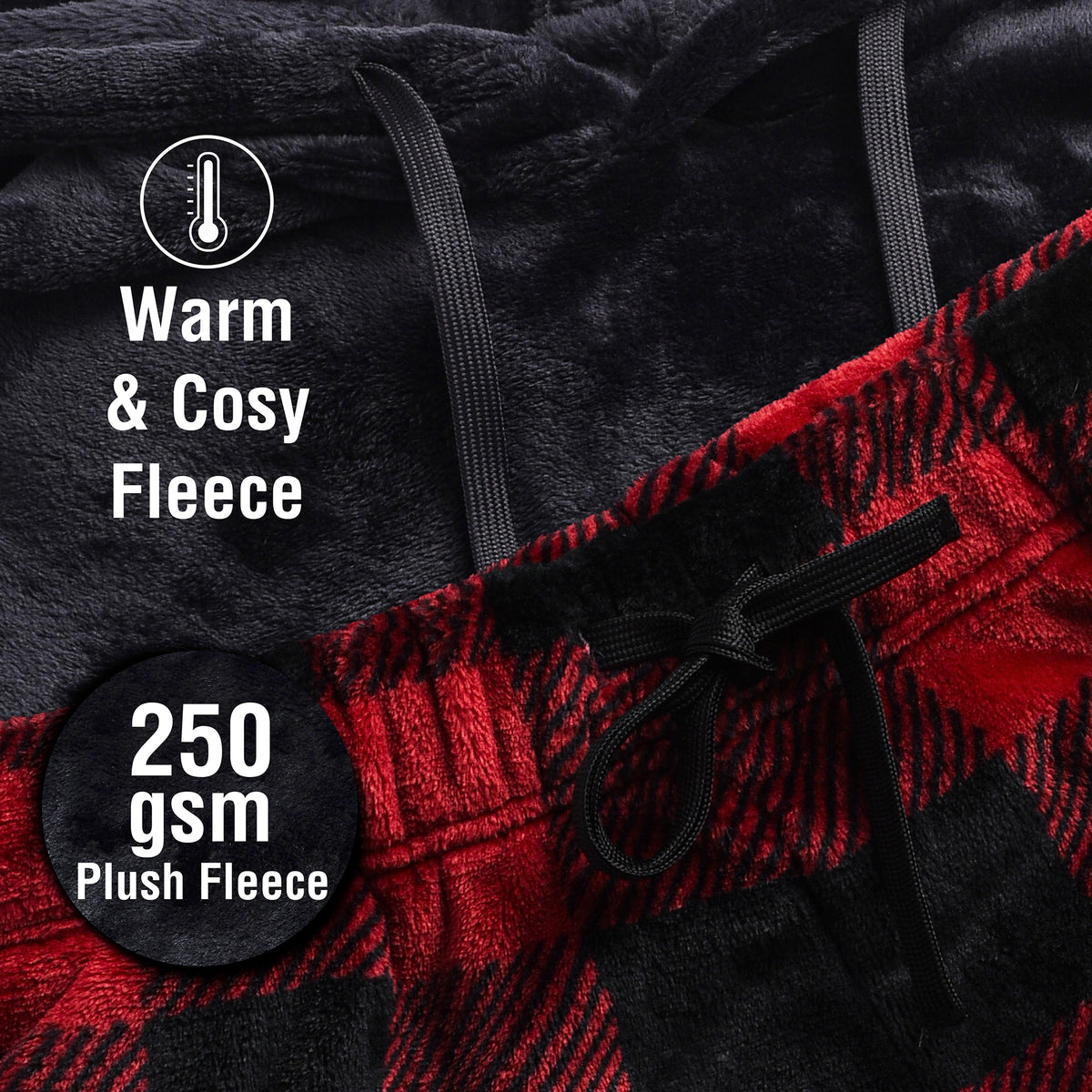 Mens Flannel & Sherpa Lined Black/Red LS Pyjamas Set
