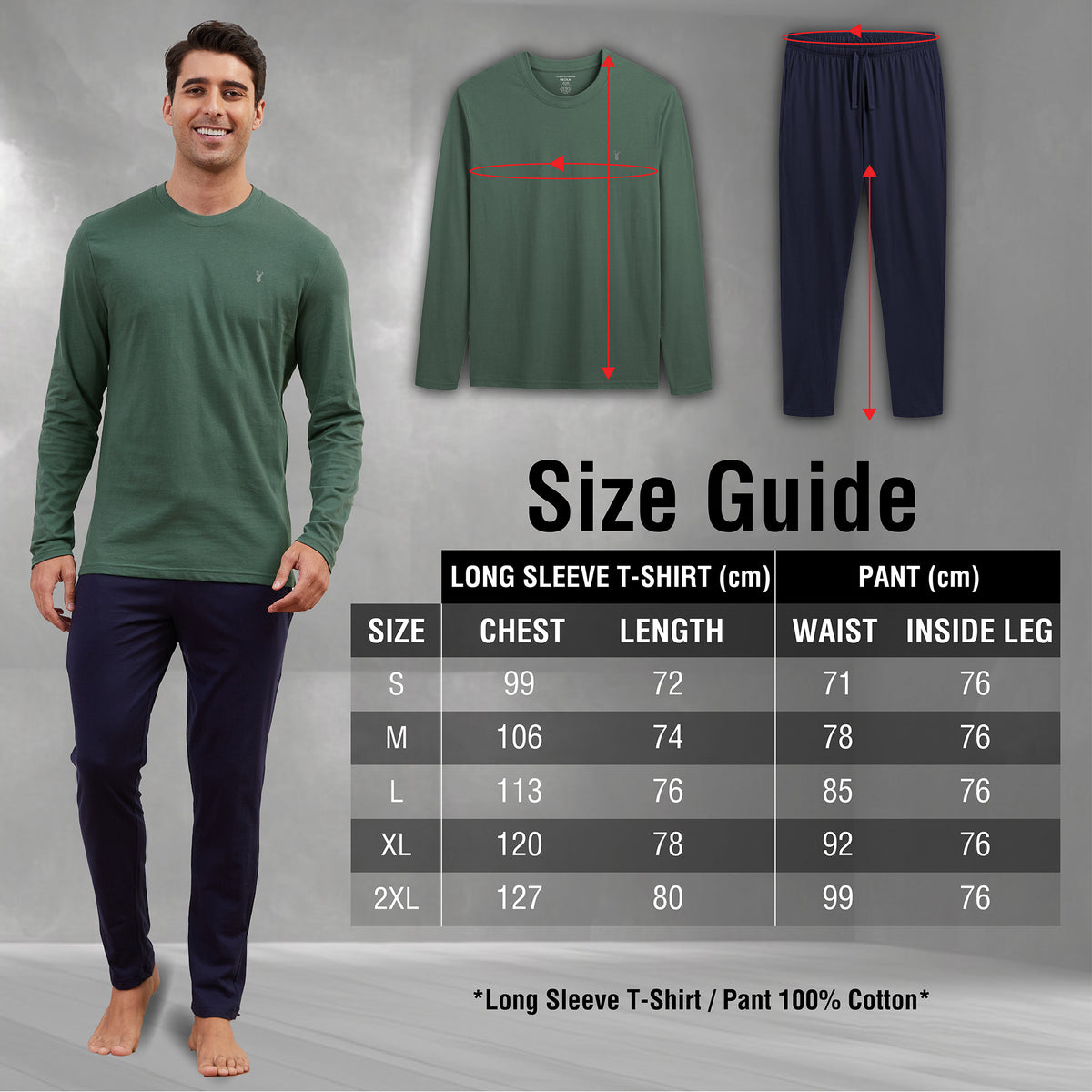 Mens 3PK Long Sleeved Grey/Blue Long Pyjamas Set