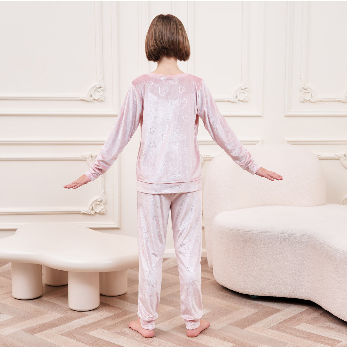 Girls Velour Pink Hearts Pyjamas Set