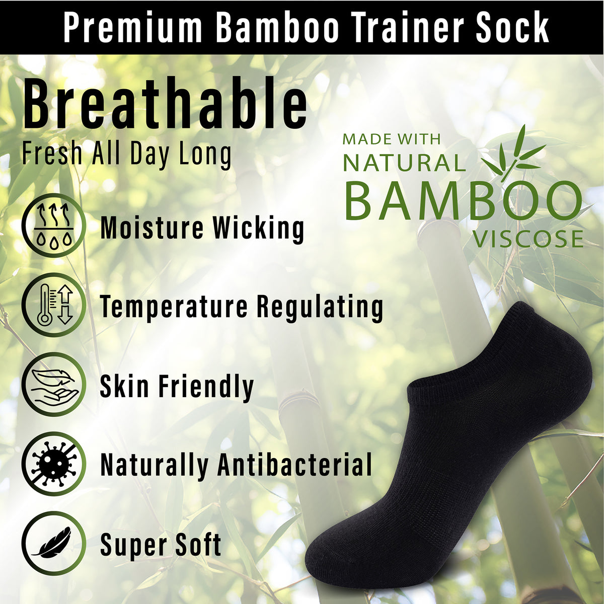 Womens 6pk Bamboo Black Trainer socks