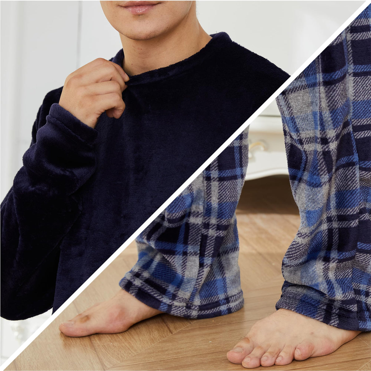 Mens Flannel Fleece Blue Checked Pyjama Set