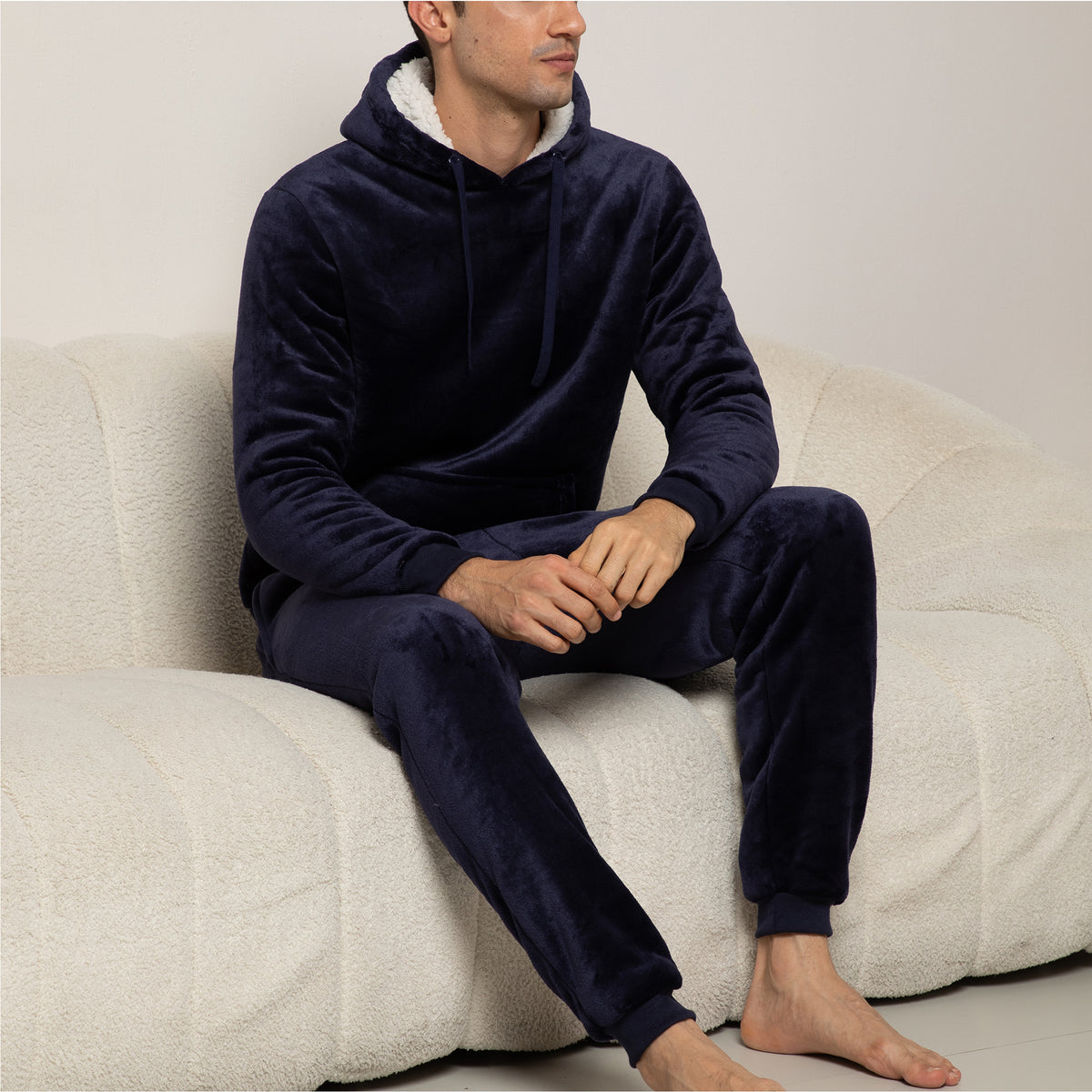 Mens Flannel & Sherpa Lined Black/Red LS Pyjamas Set