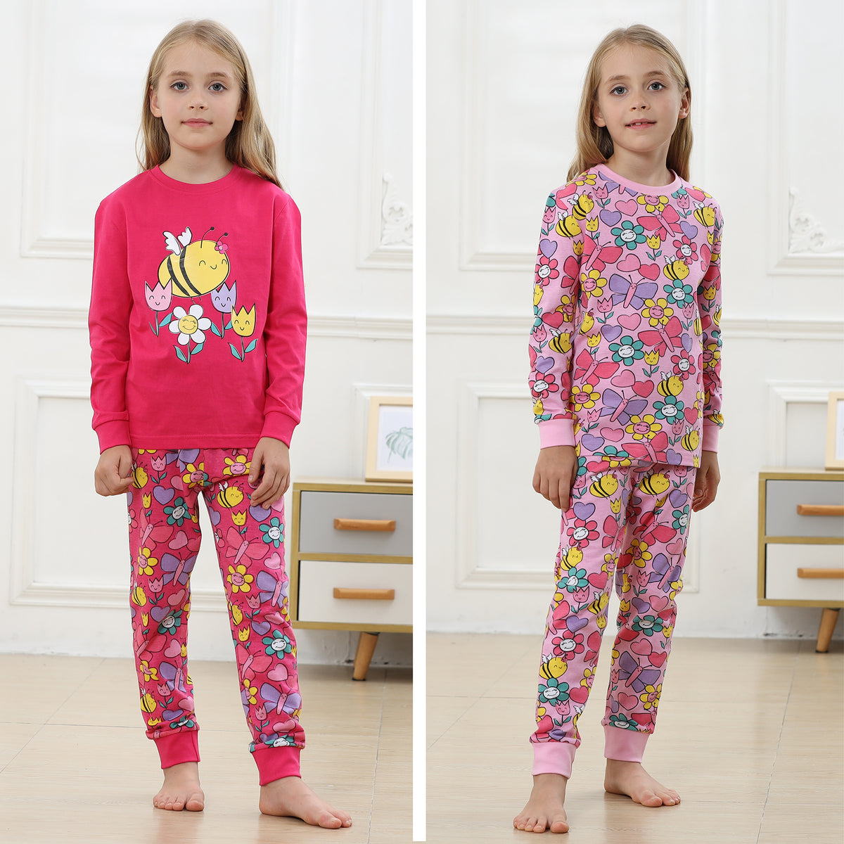 2PK Girls Long Sleeve Floral Bee Pyjamas