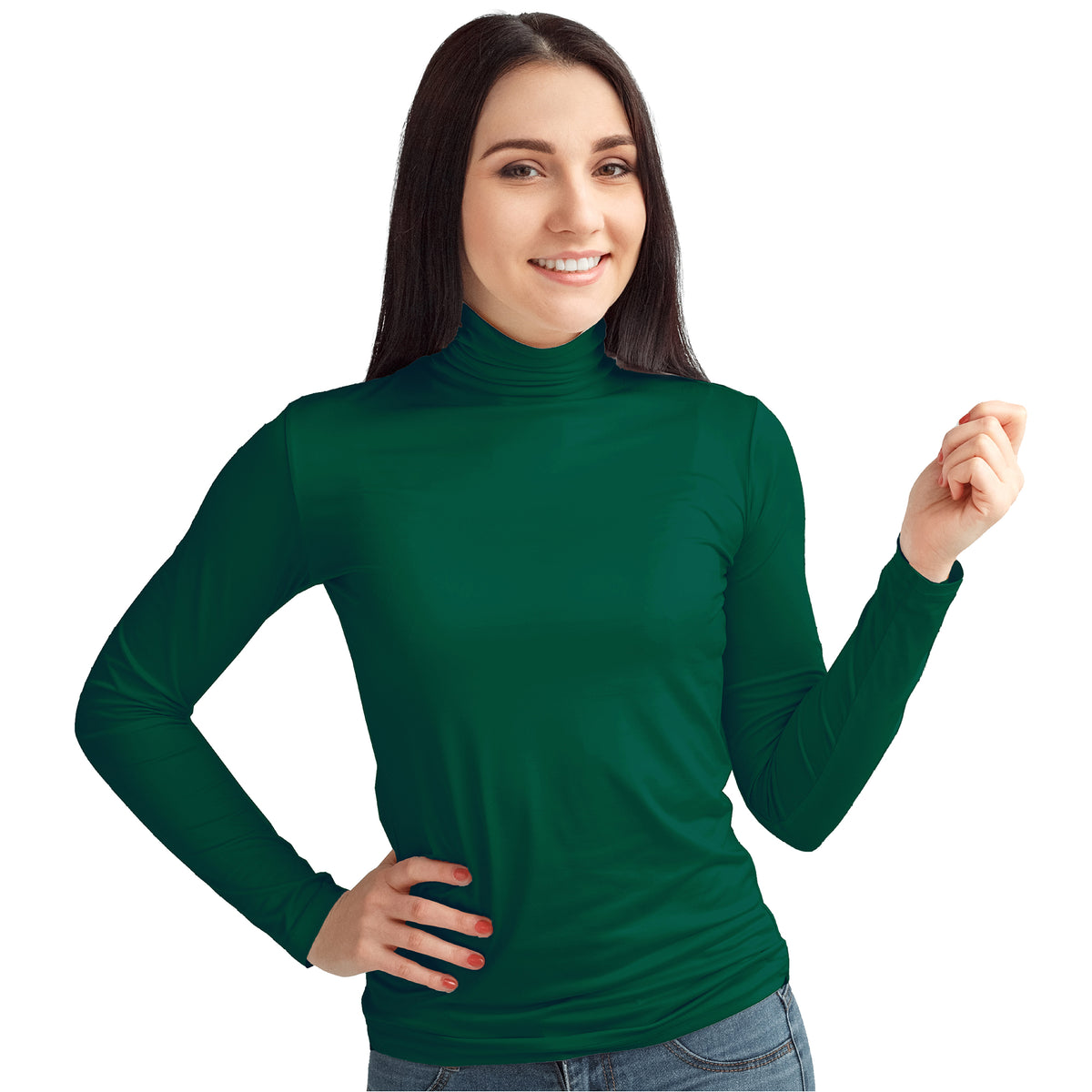 Ladies Long Sleeve Polo Neck Top Bottle Green