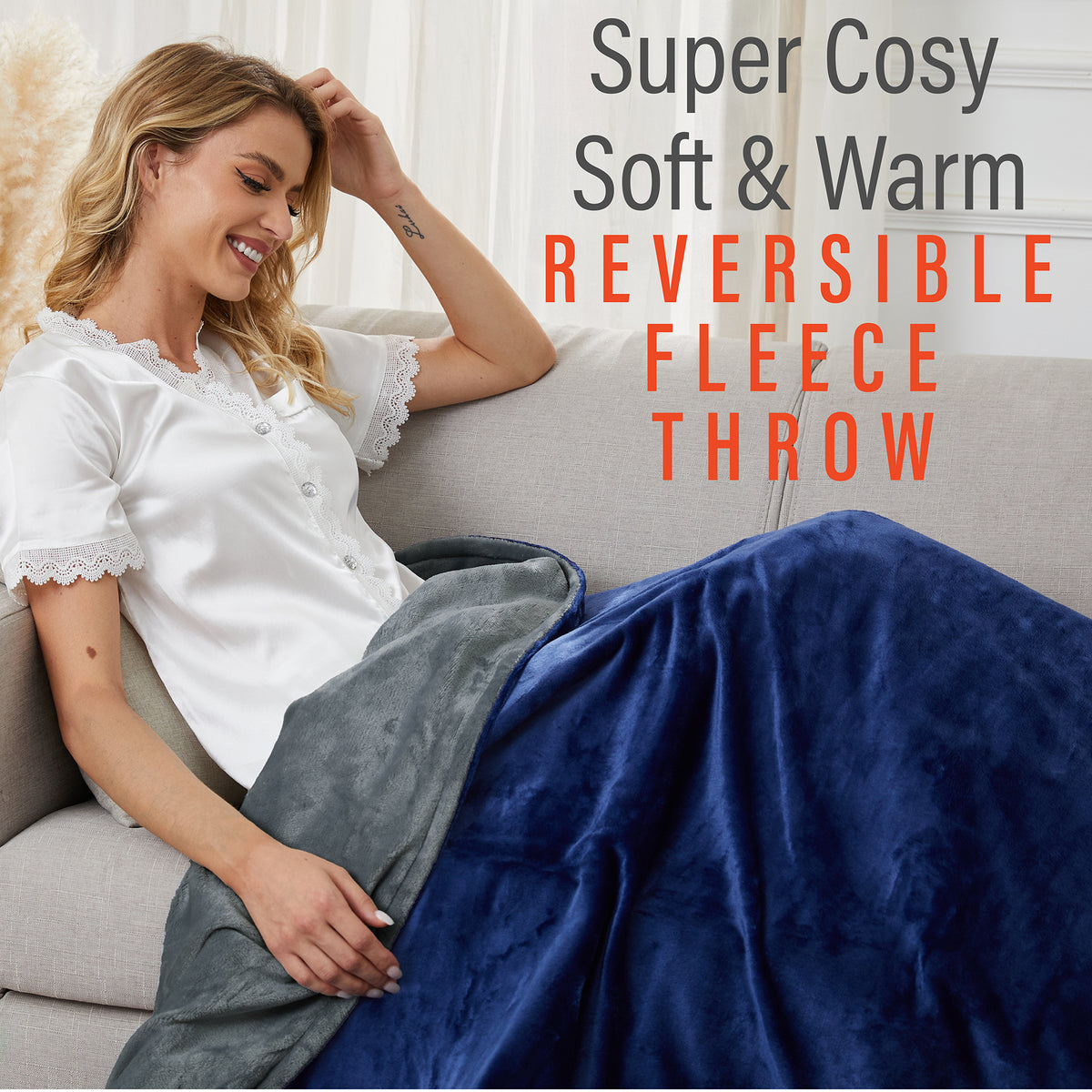 Luxurious Navy Grey Fleece Heated Electric Throw