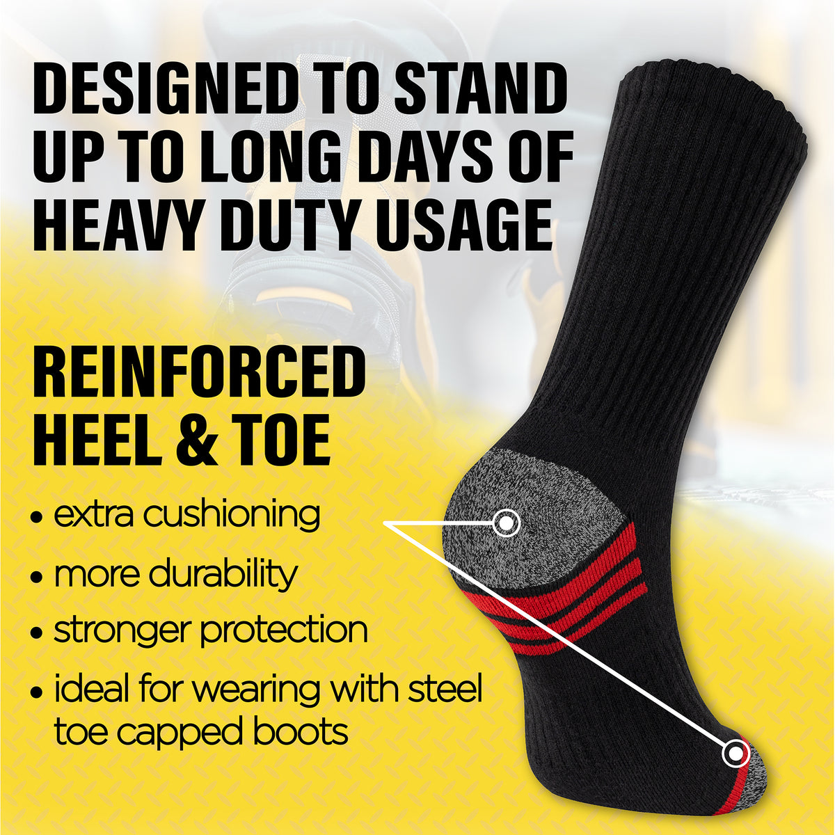 Mens 6 Pack Premium Cotton Blend Contrast Sole Black Work Socks 