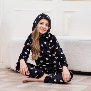 Girls Fleece Black/Pink Hearts Pyjamas