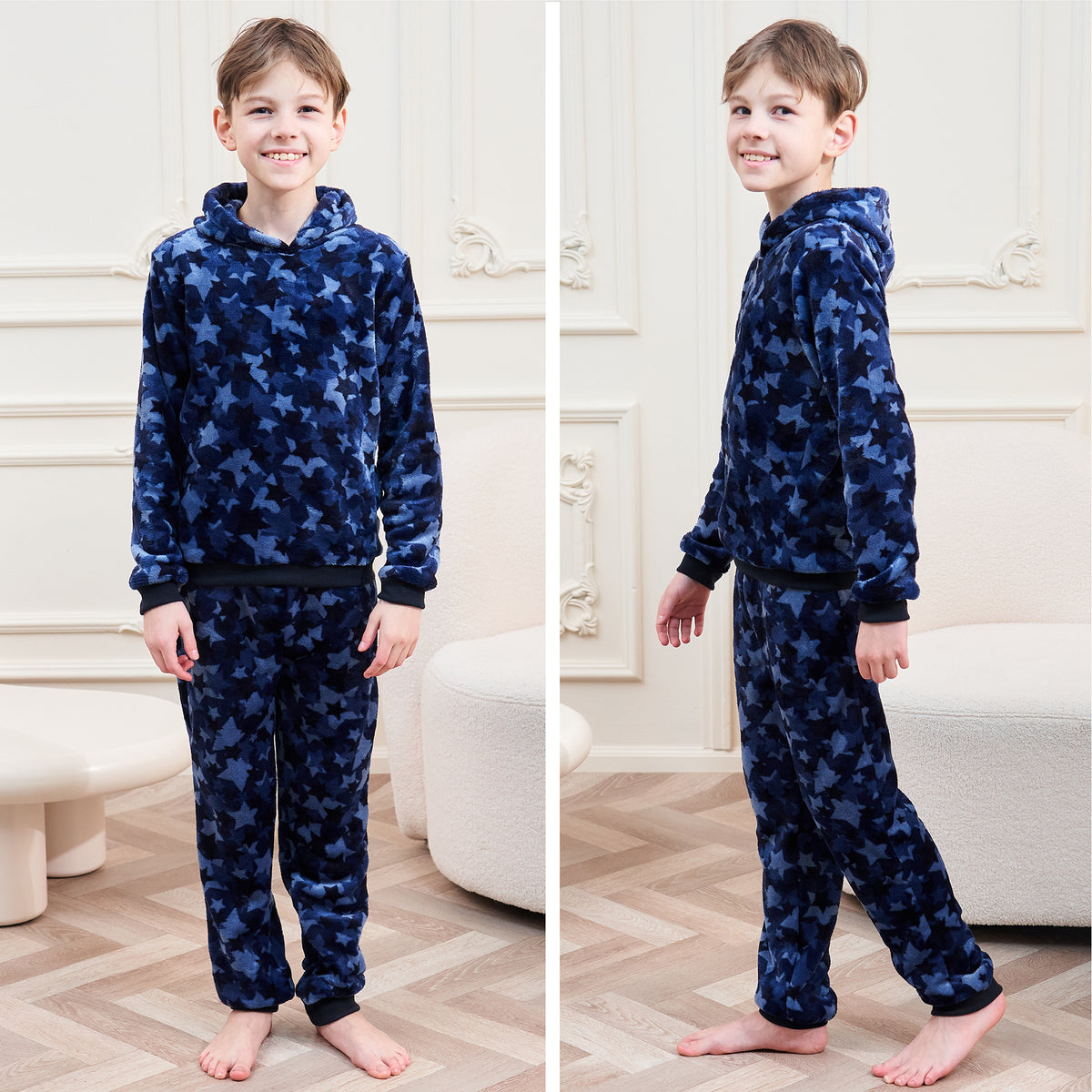 Boys Thick Fleece Pyjamas Blue Stars With Hood
