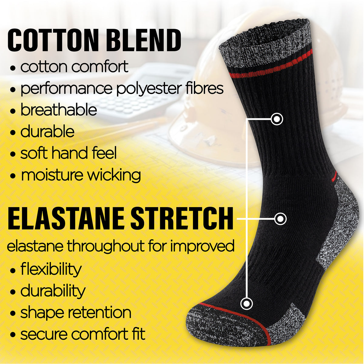 Mens 6 Pack Premium Cotton Blend Contrast Stripe Black Work Socks 