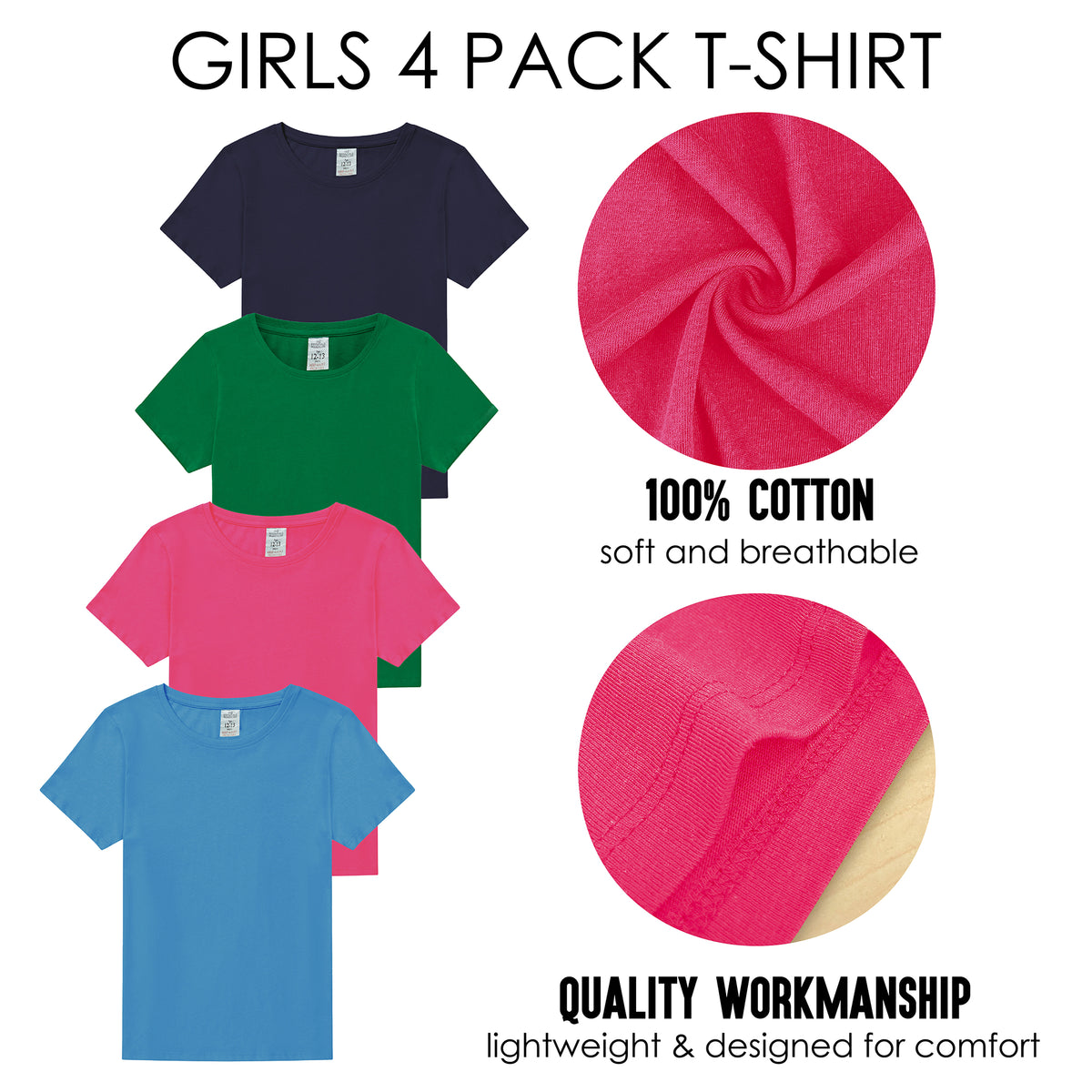 Girls 4 Pack T-Shirt Assorted Colour - Ages 8-13