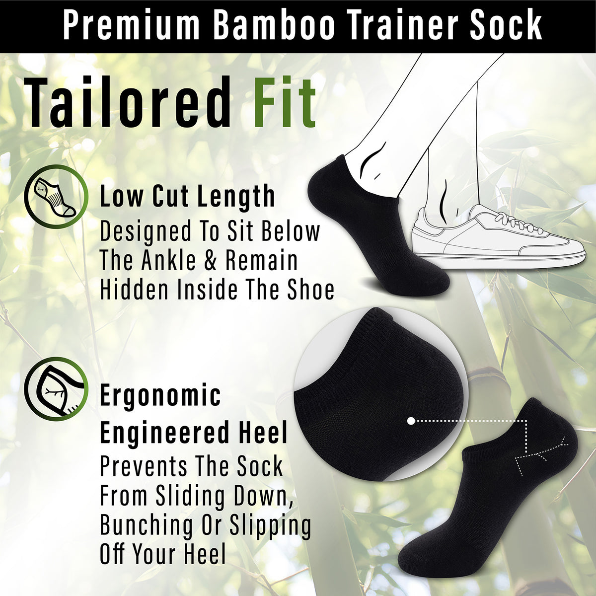 Womens 12 Pack Bamboo Trainer Socks (Black)