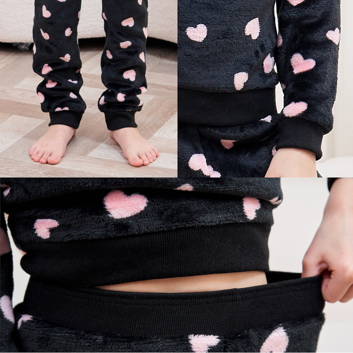 Girls Thick Fleece Pyjamas Black/Pink Hearts