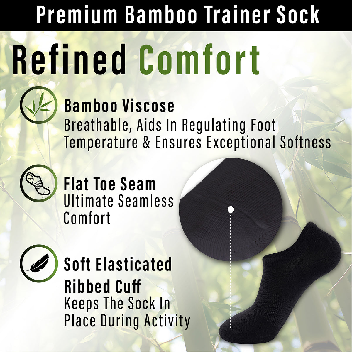 Womens 12 Pack Bamboo Trainer Socks (Black)