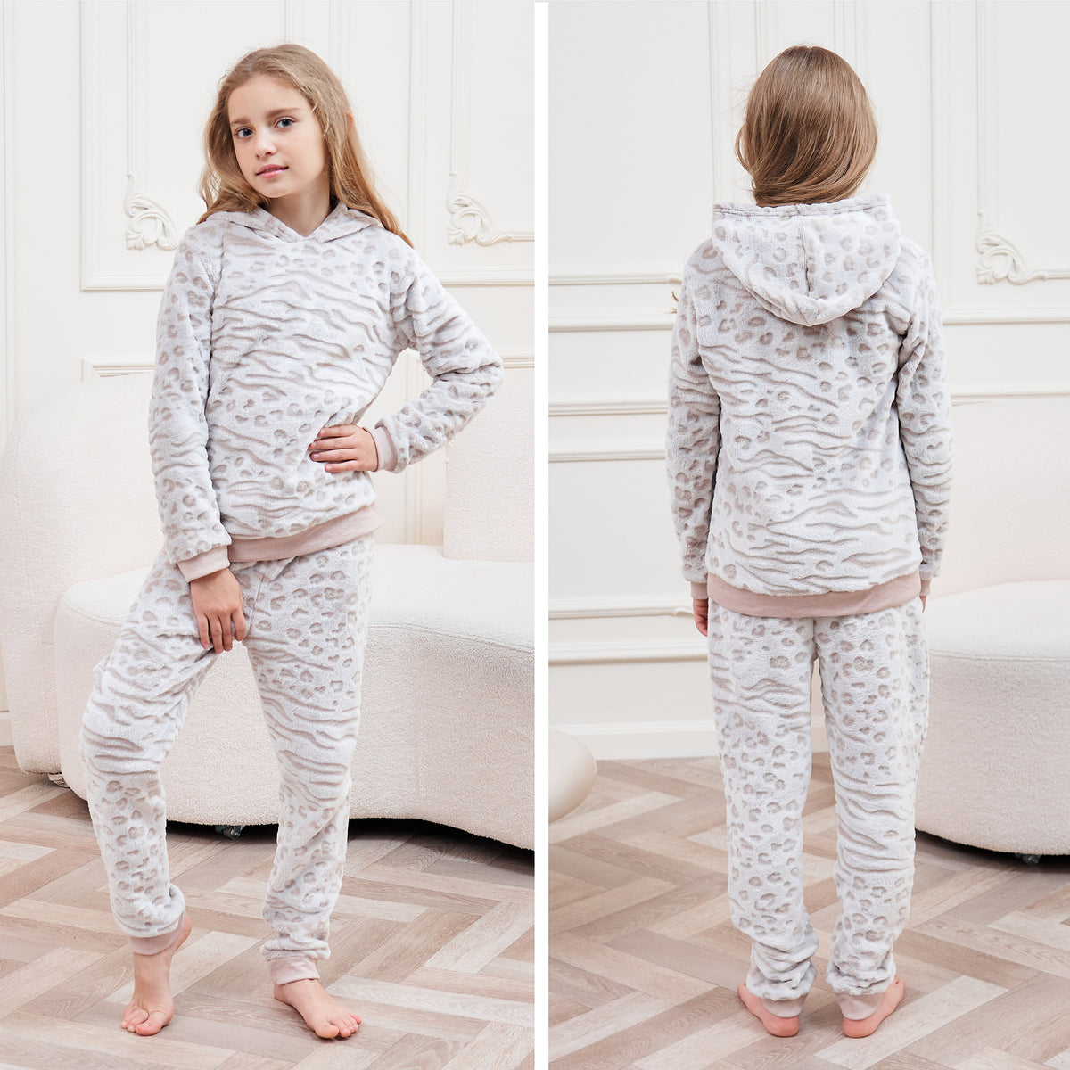 Girls Thick Fleece Pyjamas Animal Print - Oatmeal