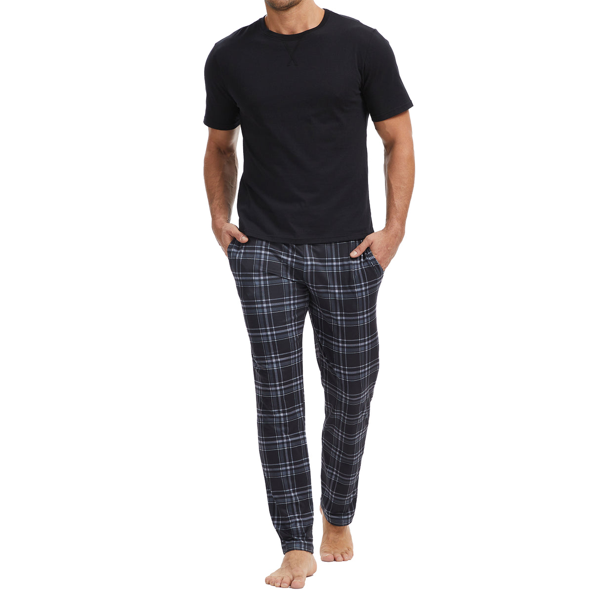 Mens Black Checked  Short Seeve Long Pyjama Set 