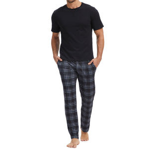 Mens Black Checked  Short Seeve Long Pyjama Set 