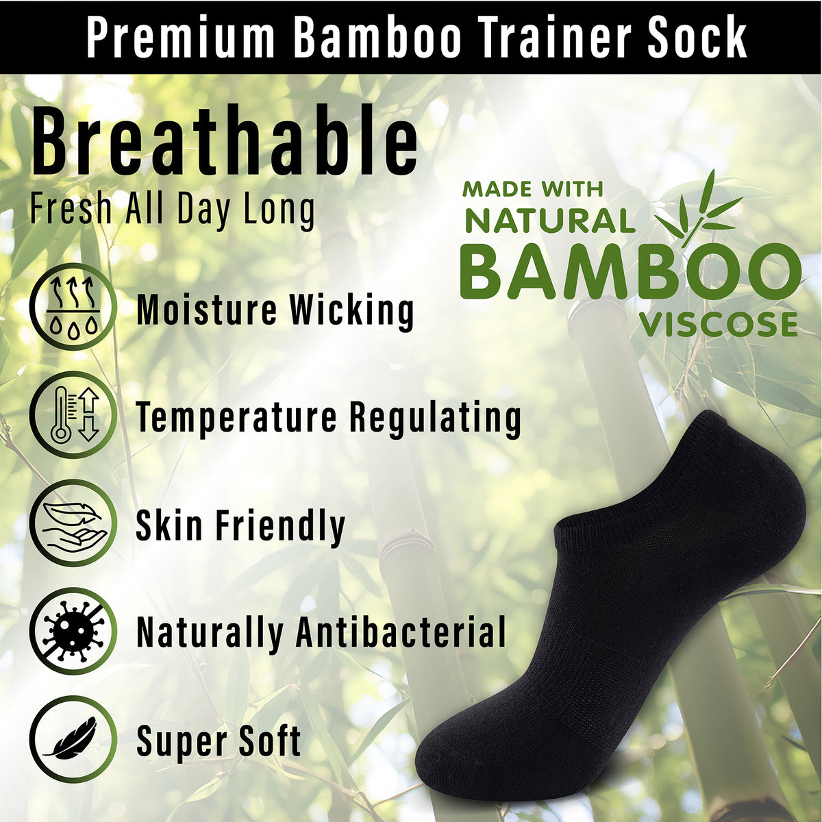 Womens 12 Pack Bamboo Trainer Socks (Black)