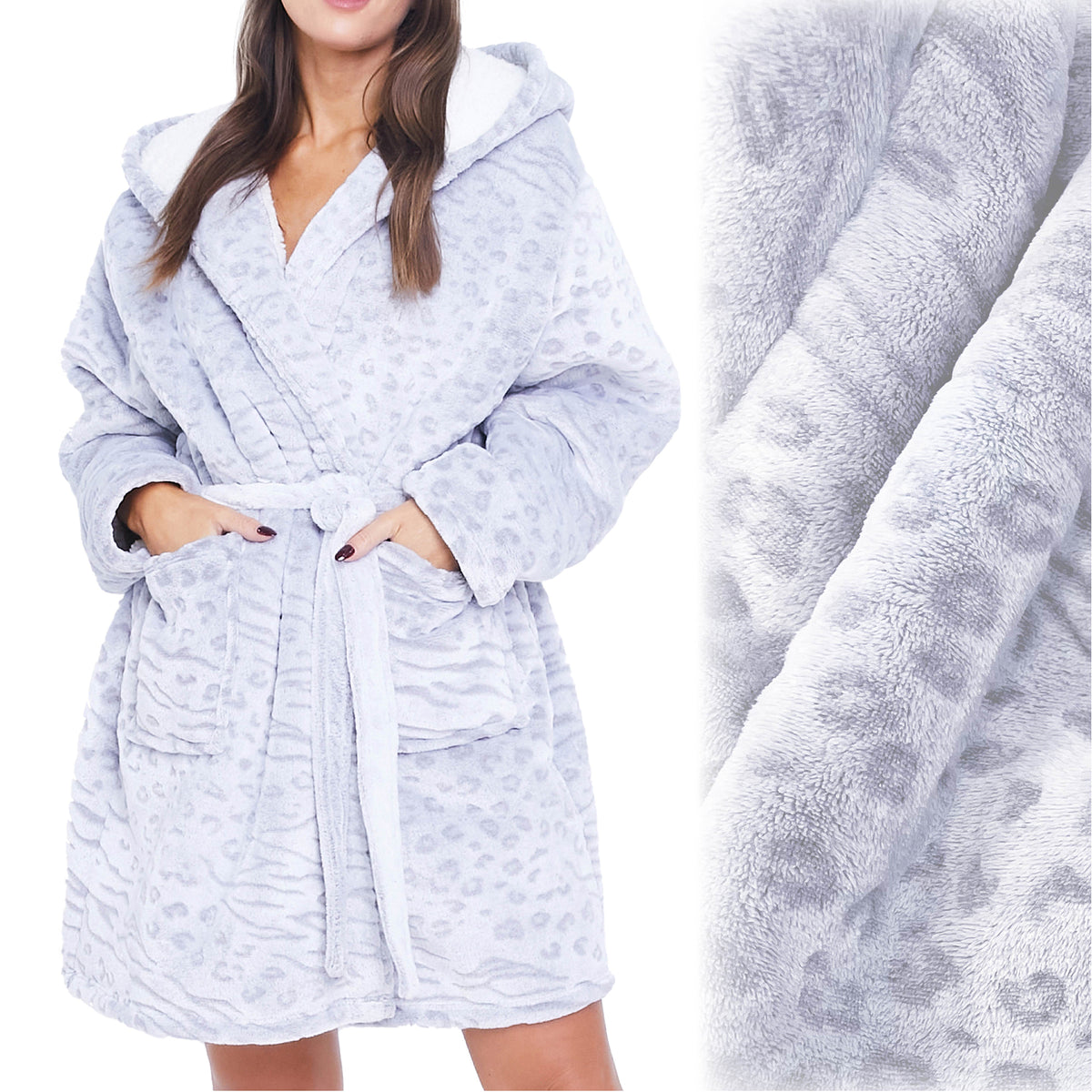 Ladies Supersoft Cosy Fleece Hooded Robe Animal Print