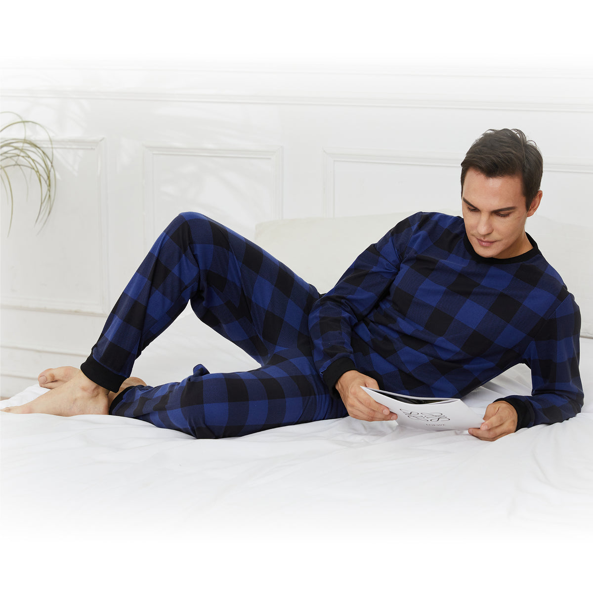 Mens Supersoft Cosy Blue check Pyjamas Set