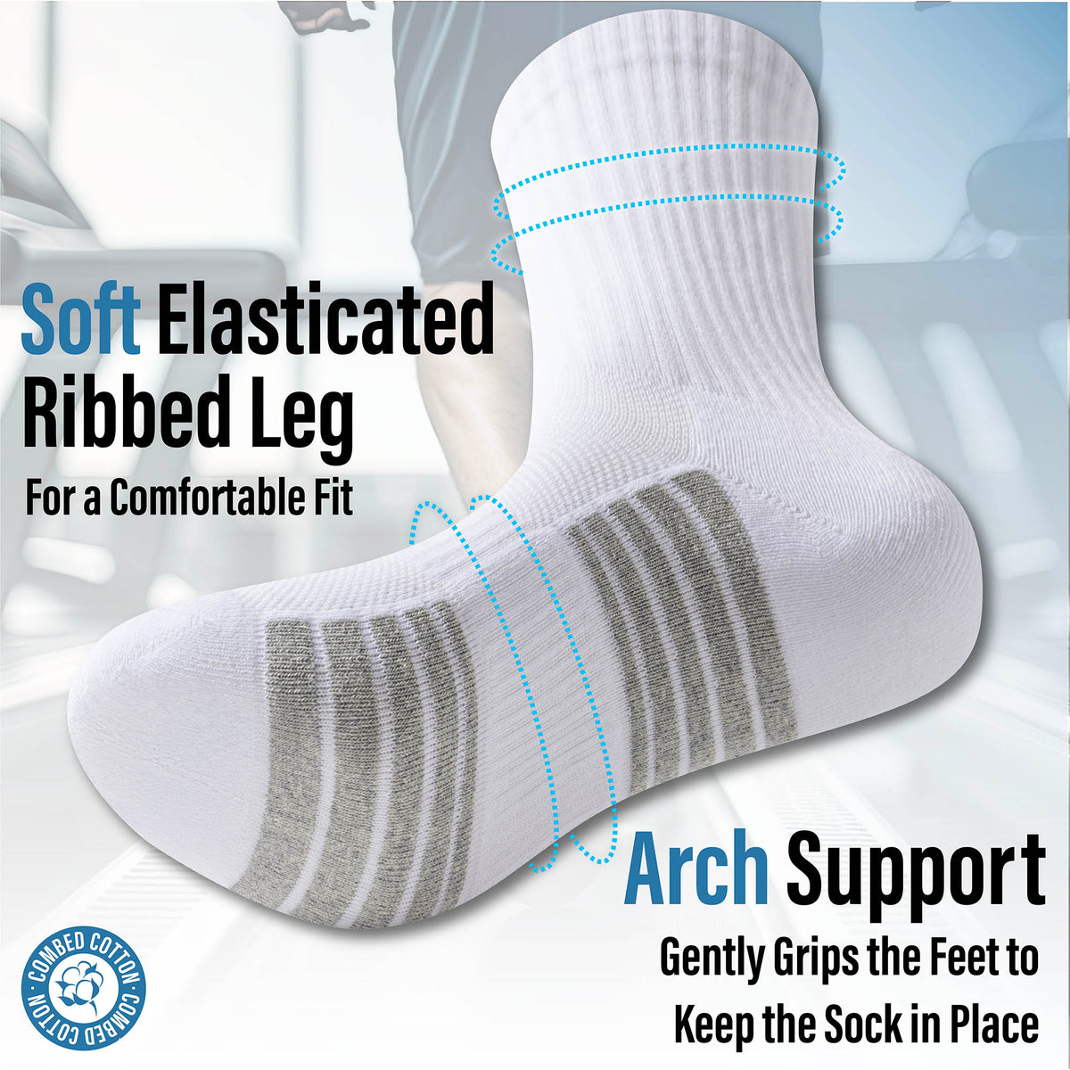 Mens 6pk White/Grey Striped Half Terry Sports Socks