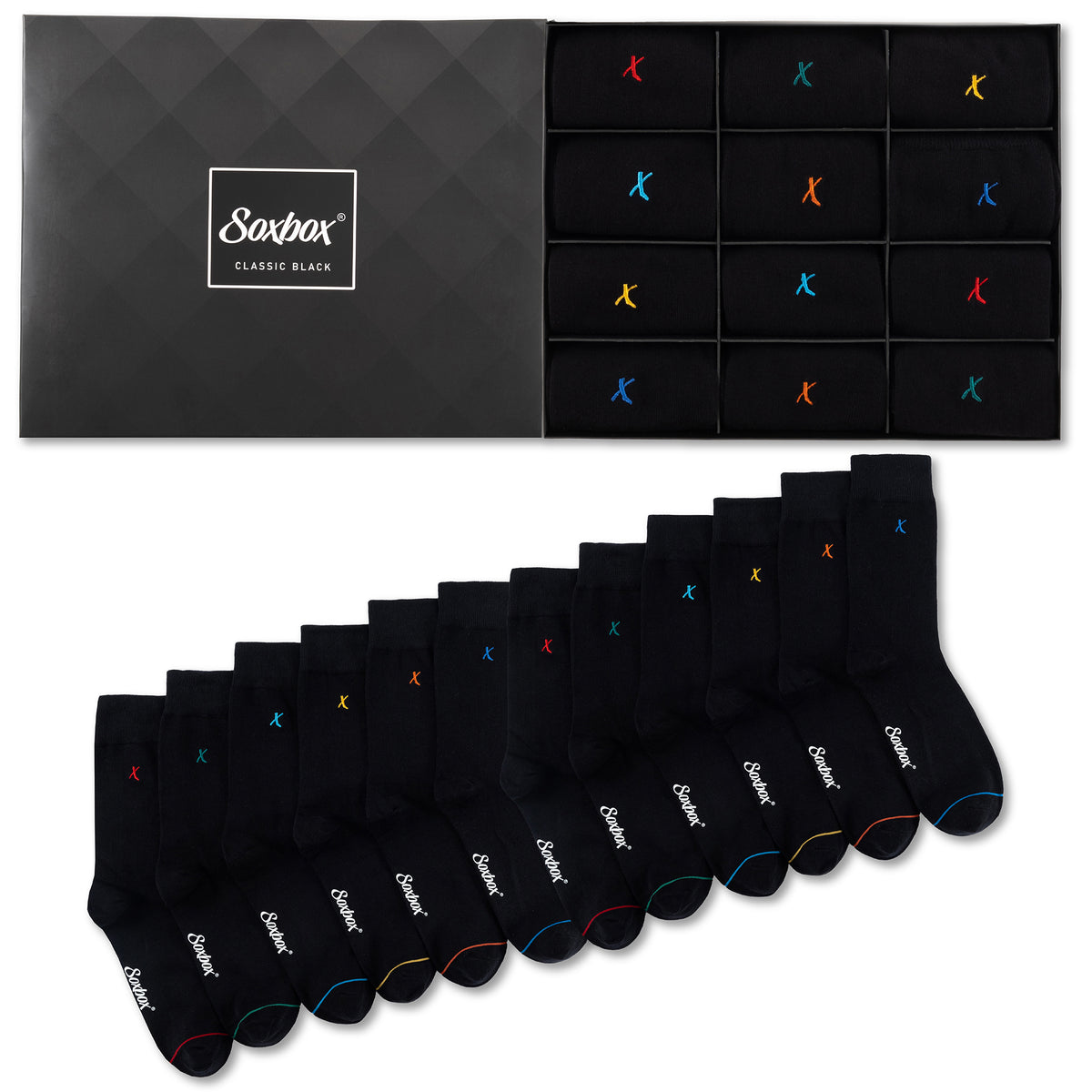 Mens 12pk Soxbox Black Embroidery Socks