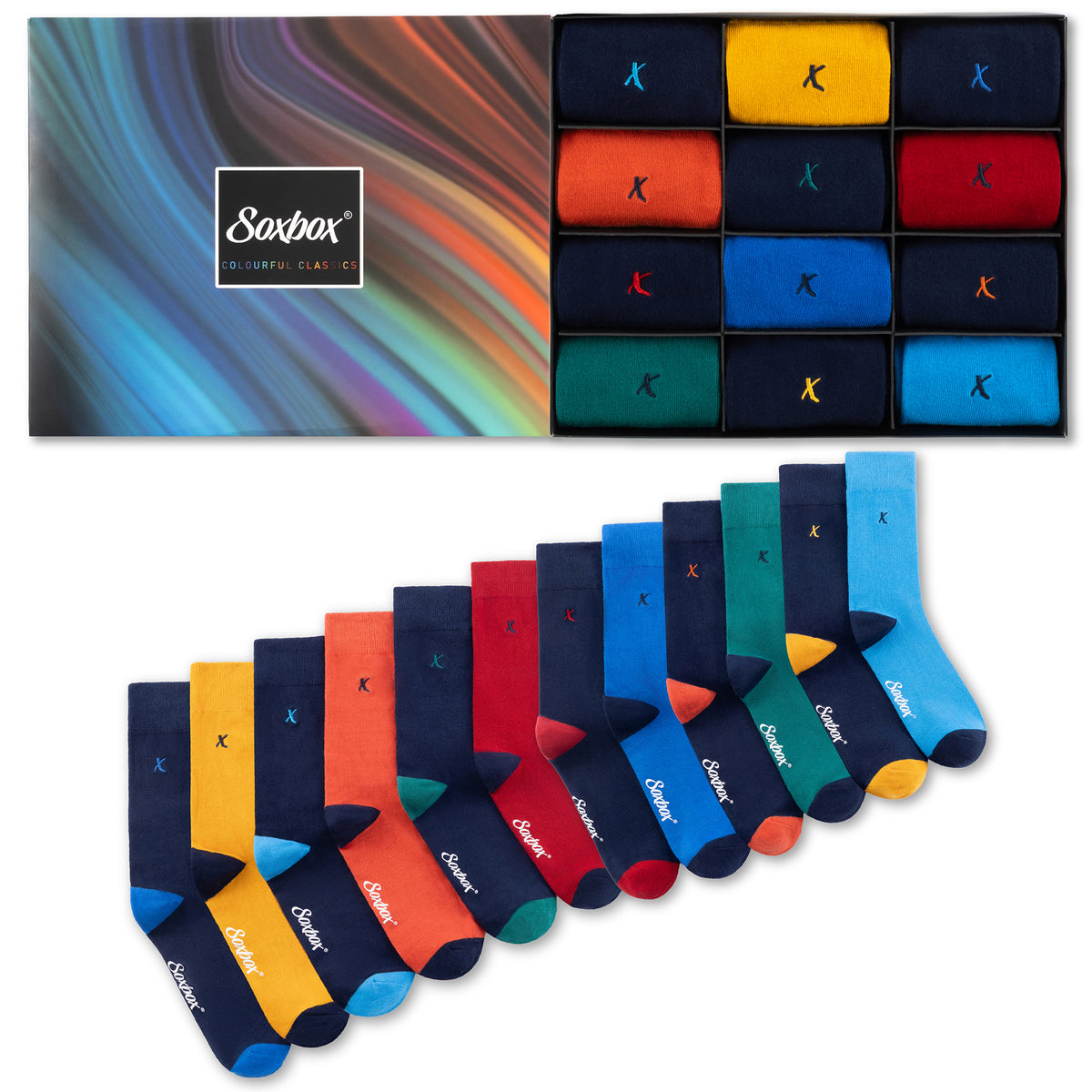 Mens 12pk Soxbox Bright Embroidery Socks