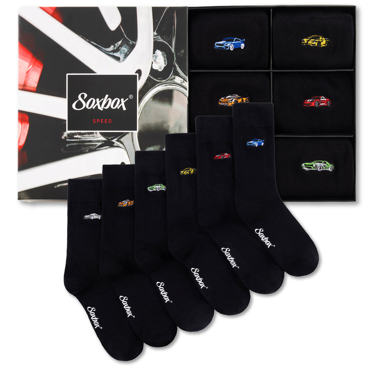 Mens 6pk Soxbox Black Car Embroidery Socks