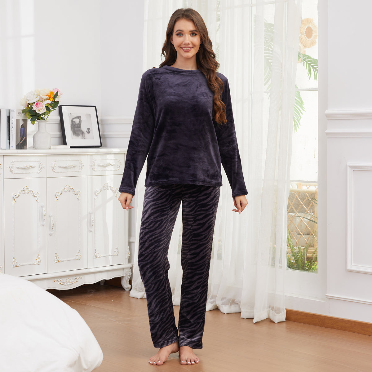 Womens Soft Fleece Zebra Print Pyjamas