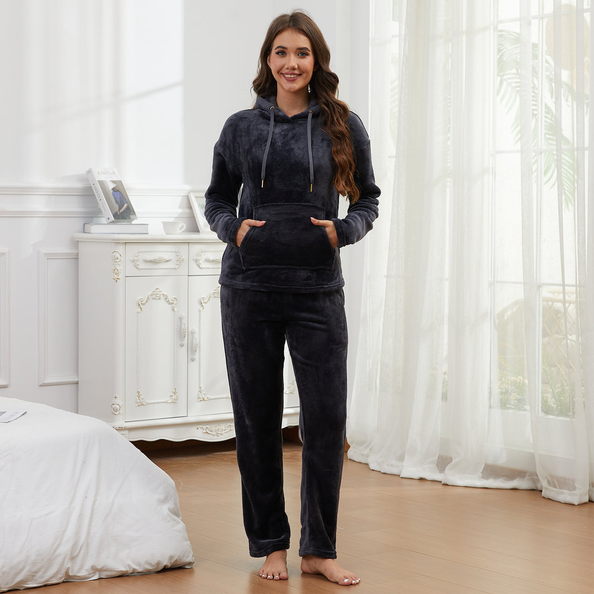 Womens Soft Fleece Hooded Charcoal Grey Pyjamas