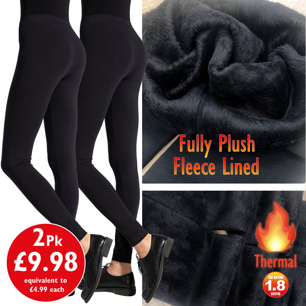 Ladies 2PK Heavy Plush Thermal Leggings Black