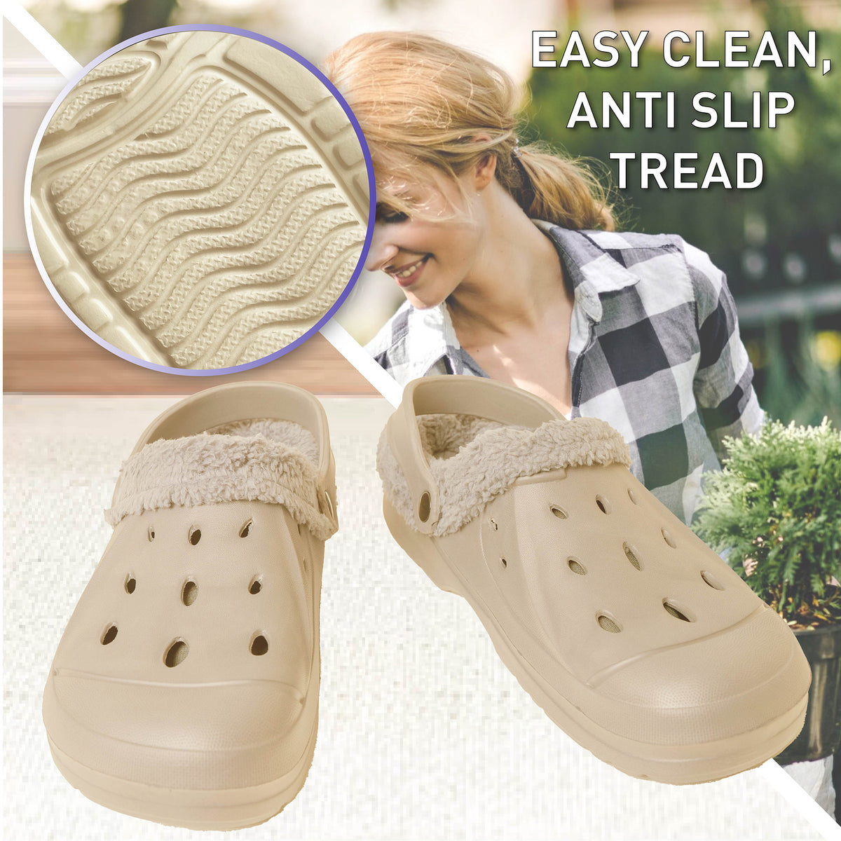 Womens Fleece Lined Beige Clogs