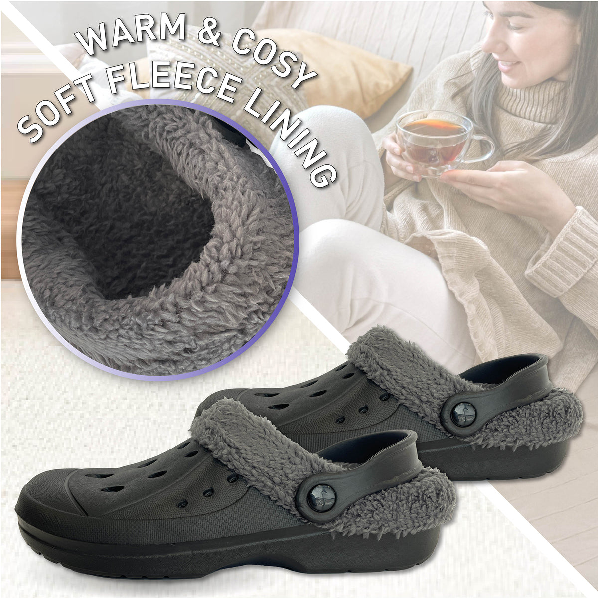 Womens Fleece Lined Black Clogs