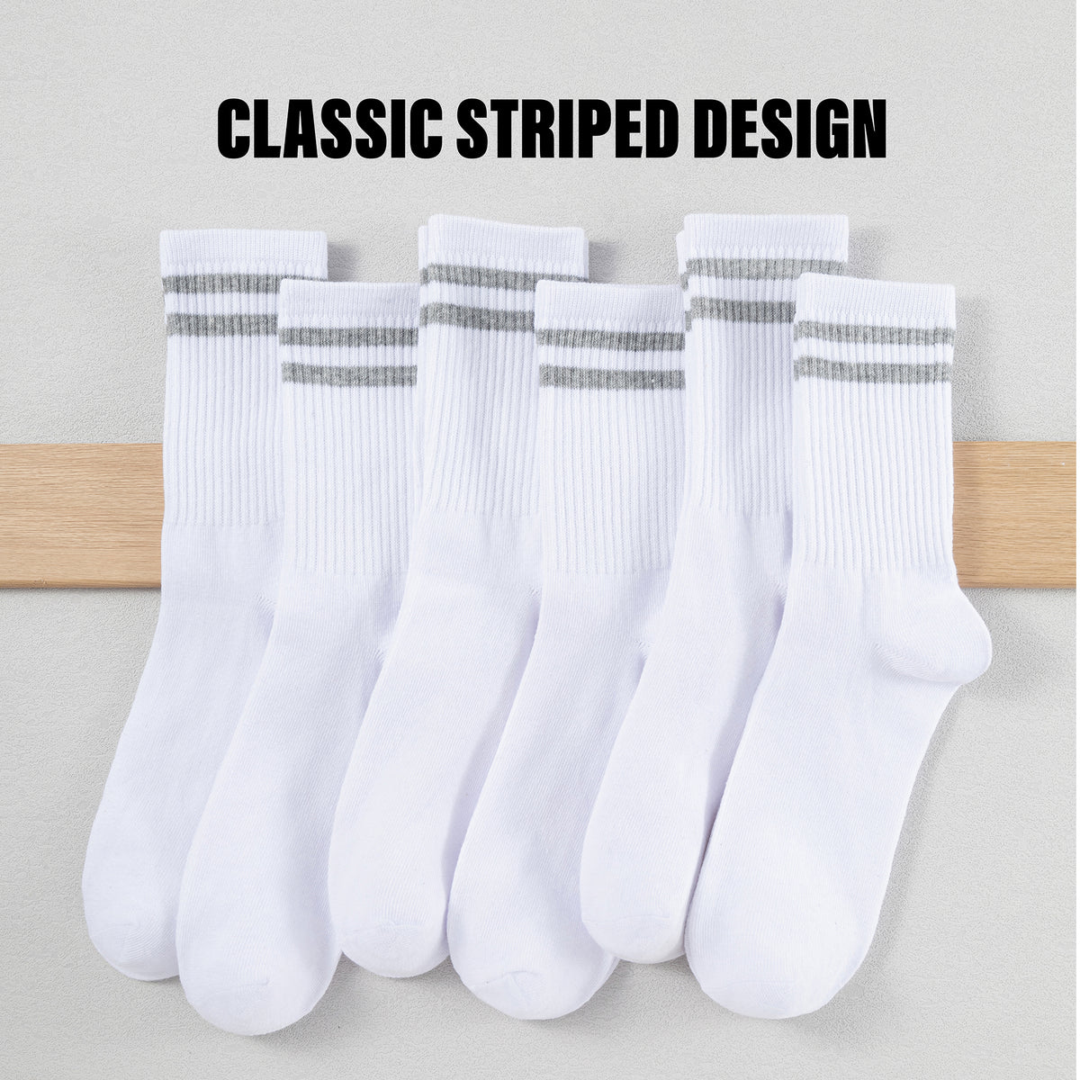 Womens 6 Pack Sports Ankle/Crop Length Socks (White/ Grey Stripes)