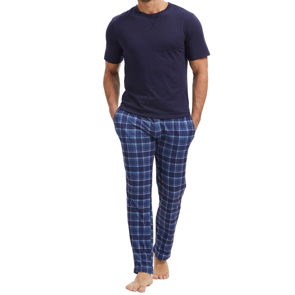 Mens Navy Checked Short Sleeve Long Pyjama Set 