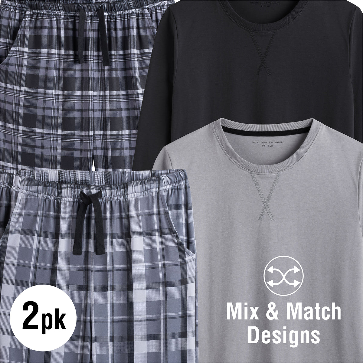 Boys 2pk Grey Check Fleece Pyjamas 