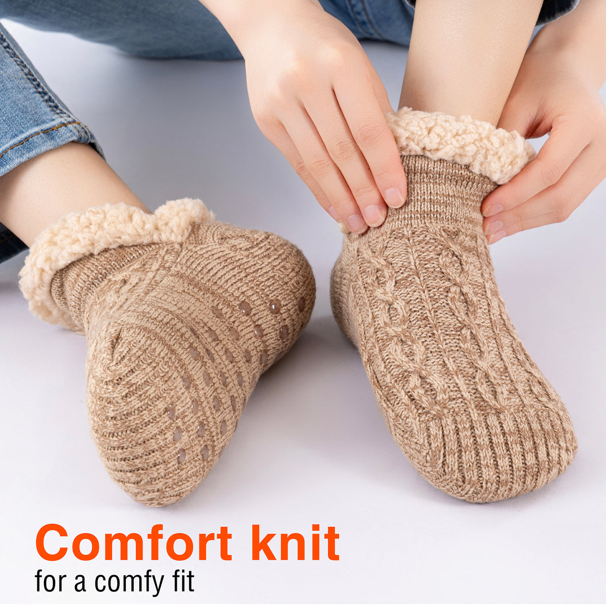 1PK Womens Sherpa Lined Slipper Socks Beige