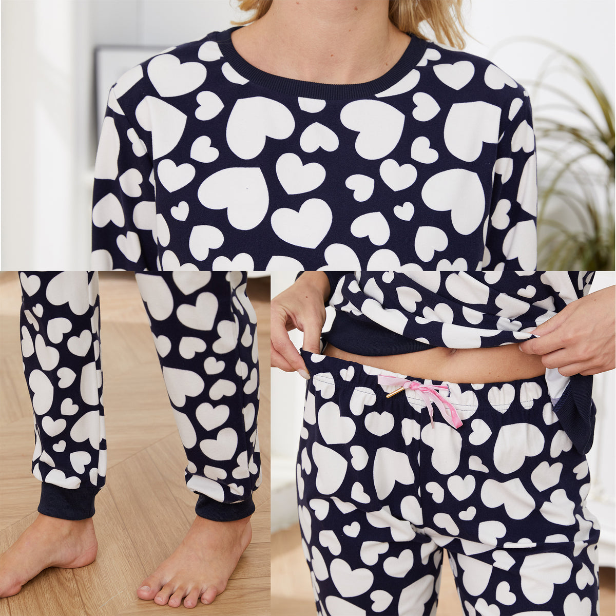 Ladies LS Pyjamas Set Navy/Cream Hearts