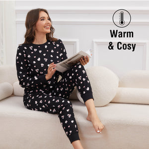 Ladies Black Heart Print Pyjama Set 