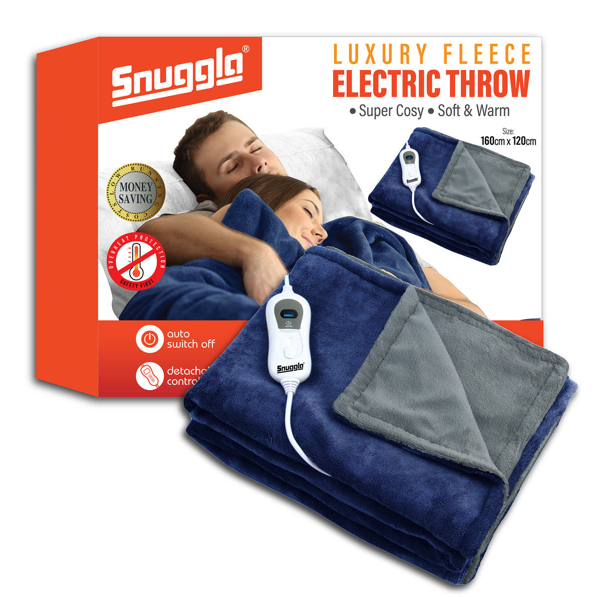 Luxurious Navy Grey Fleece Heated Electric Throw