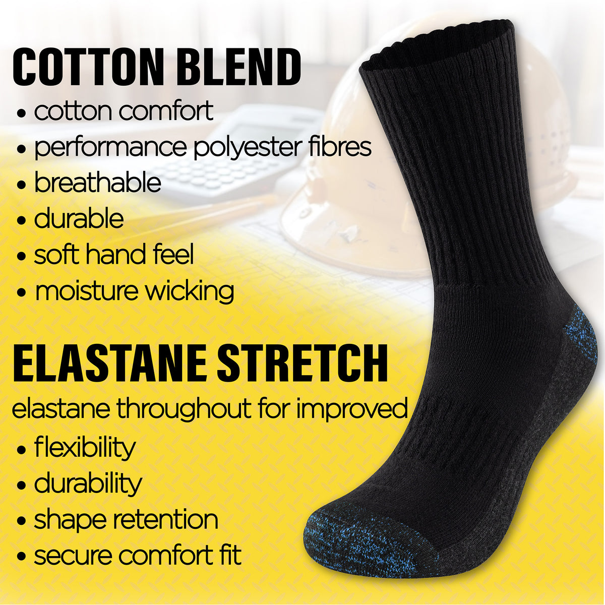 Mens 6 Pack Premium Work Socks (Black Contrast H&T}